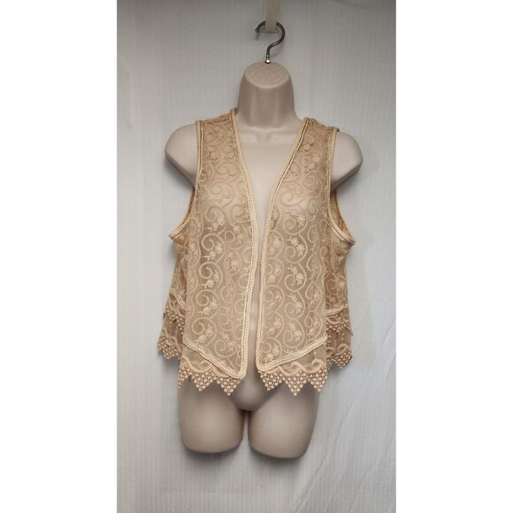CHICO'S The Unforgettable Years Lace Charlotte Detailed Frappe Tan Vest L/XL - Picture 2 of 5